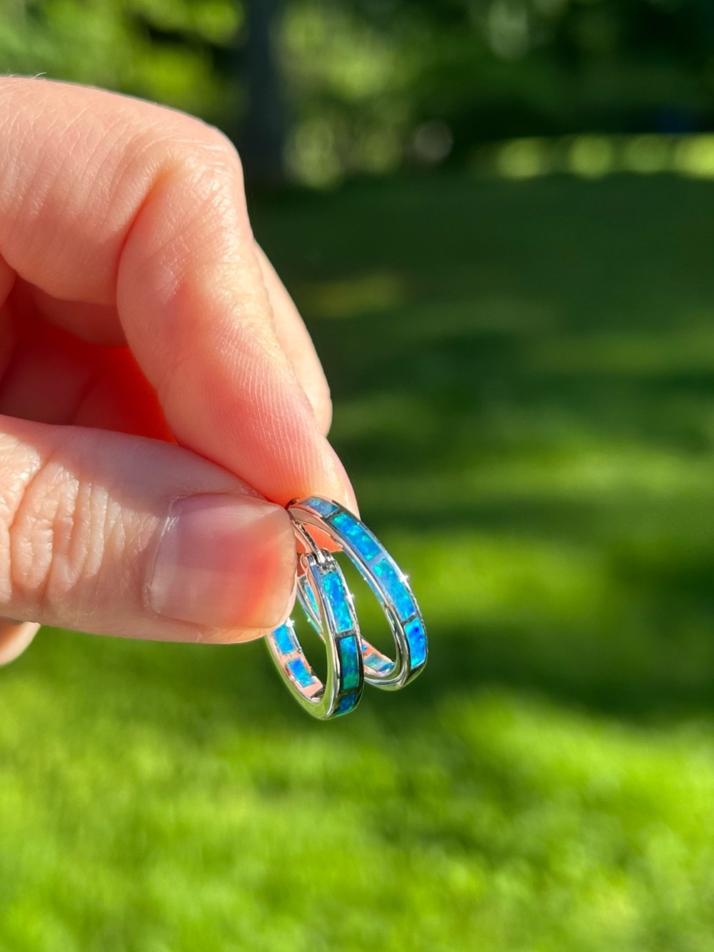 Inside out hoop earring with opal inlay - sterling silver